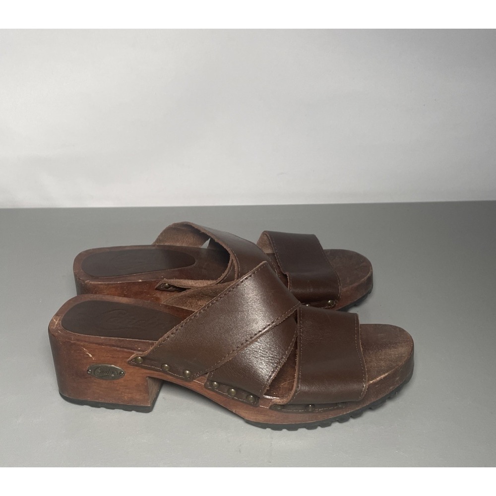 Vintage Y2K Candies Brown Leather Chunky Wooden Platform Slide Sandals Women's 9